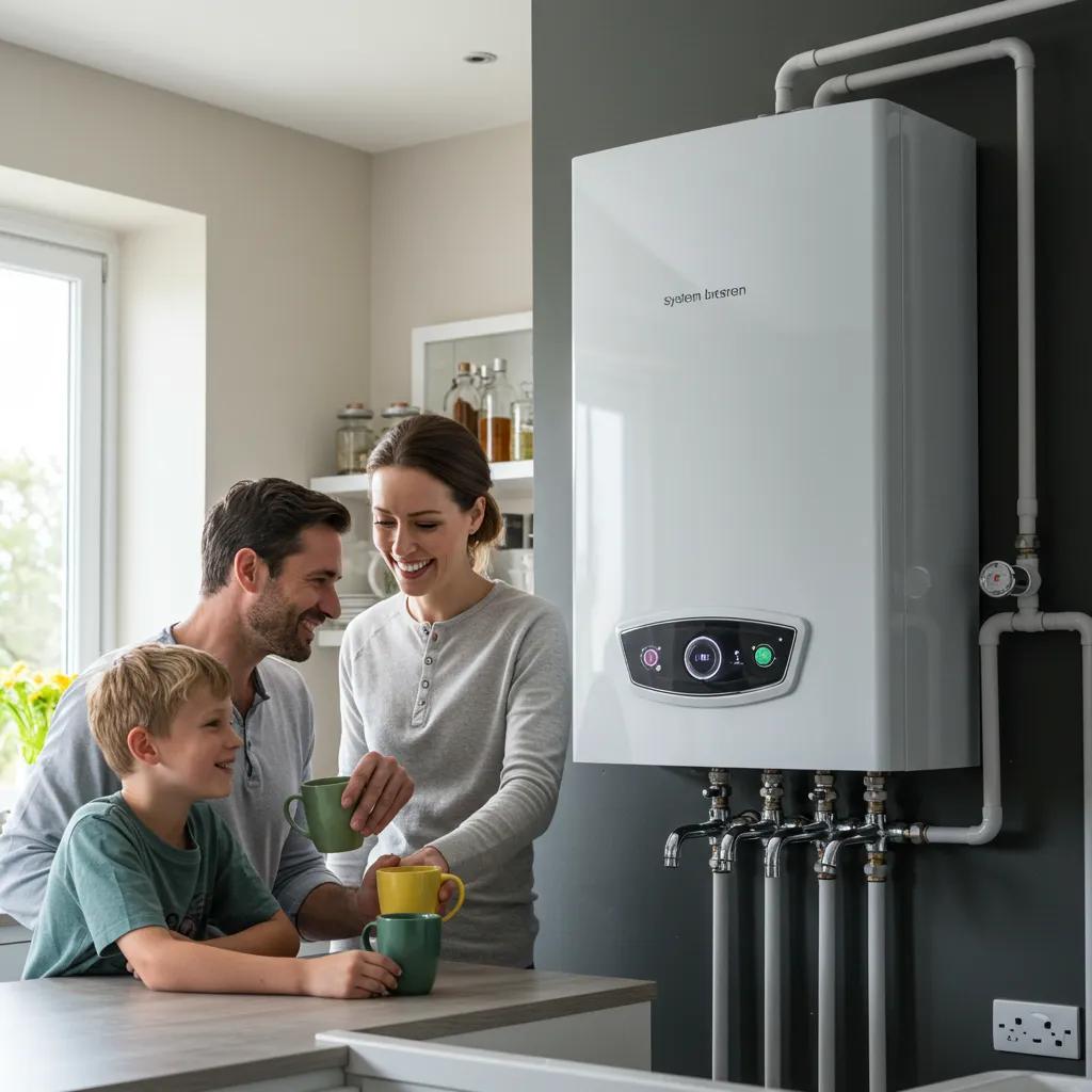 A family enjoying the convenience of a system boiler with multiple taps running hot water