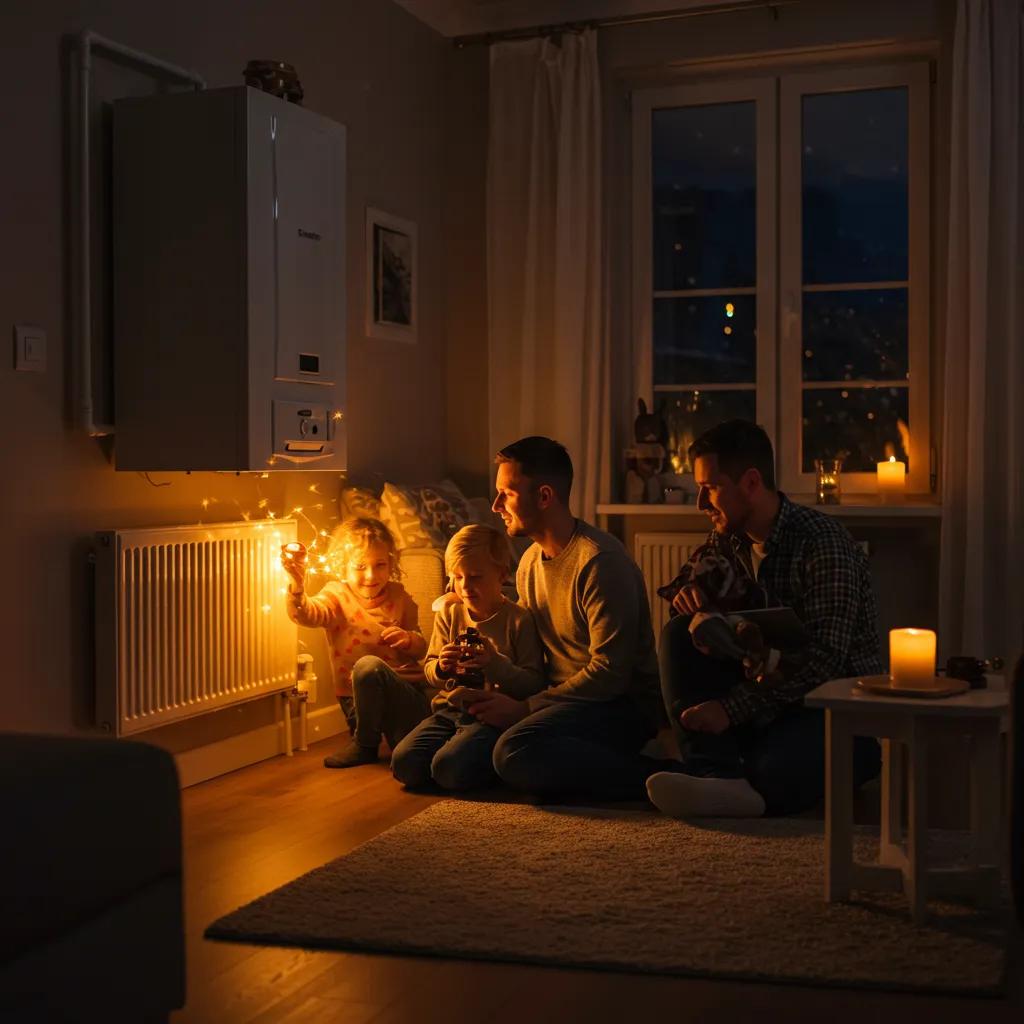 A cozy home interior with a family enjoying warmth, emphasizing the importance of a functioning boiler for emergency repairs