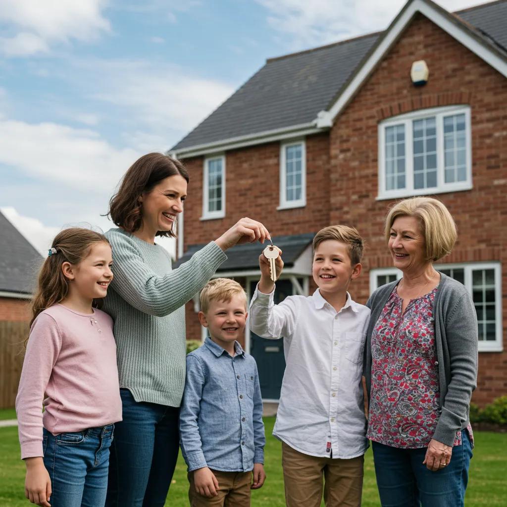 Family exchanging keys in front of a new home, representing property part exchange
