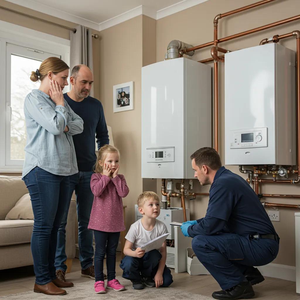Glasgow family with a technician inspecting their boiler, highlighting the safety risks of a faulty unit Glasgow family with a technician inspecting their boiler, highlighting the safety risks of a faulty unit