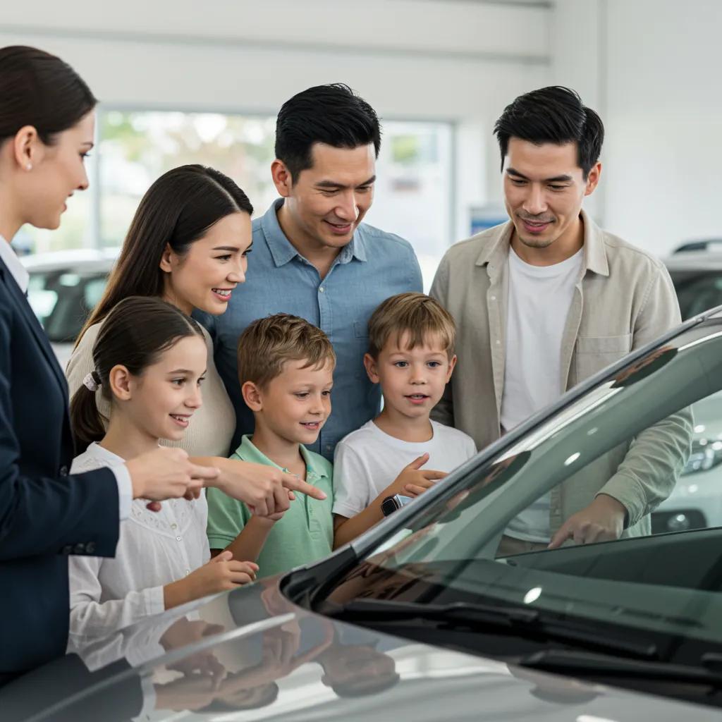 Family inspecting a used car with a salesperson at a dealership Family inspecting a used car with a salesperson at a dealership