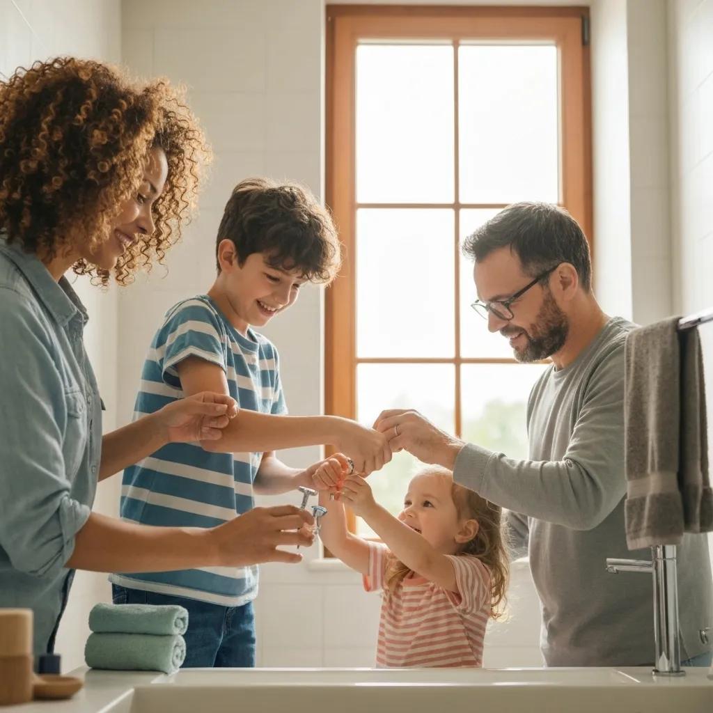 A family actively installing a mesh shower drain strainer, emphasizing the importance of preventative measures for avoiding hair-related clogs
