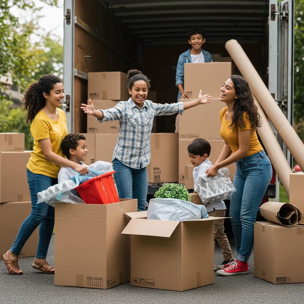 A happy family working together to pack boxes for a long-distance move, showing organization and teamwork.