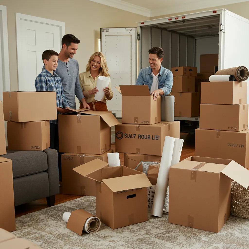 Family getting ready for a big move with boxes and a moving truck in the background