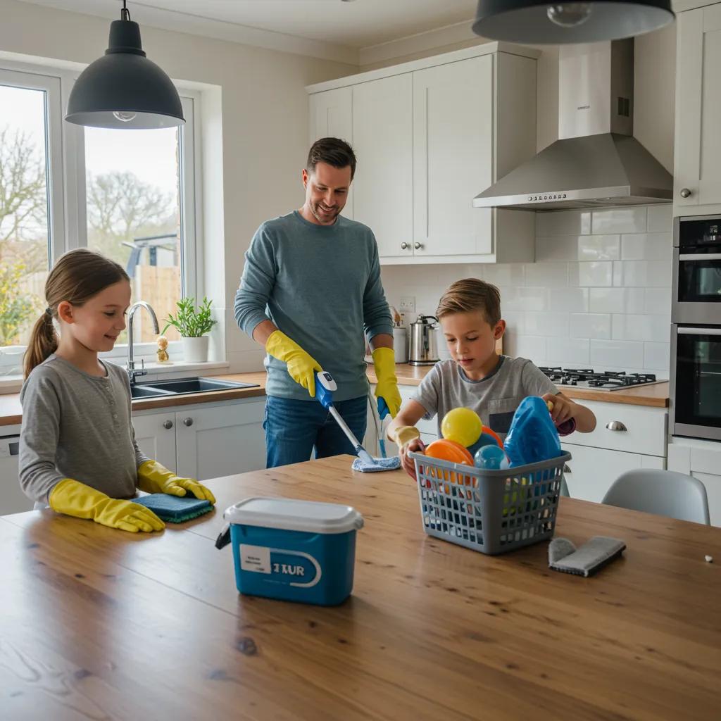Family using speed cleaning techniques in a modern kitchen, showcasing teamwork and efficiency