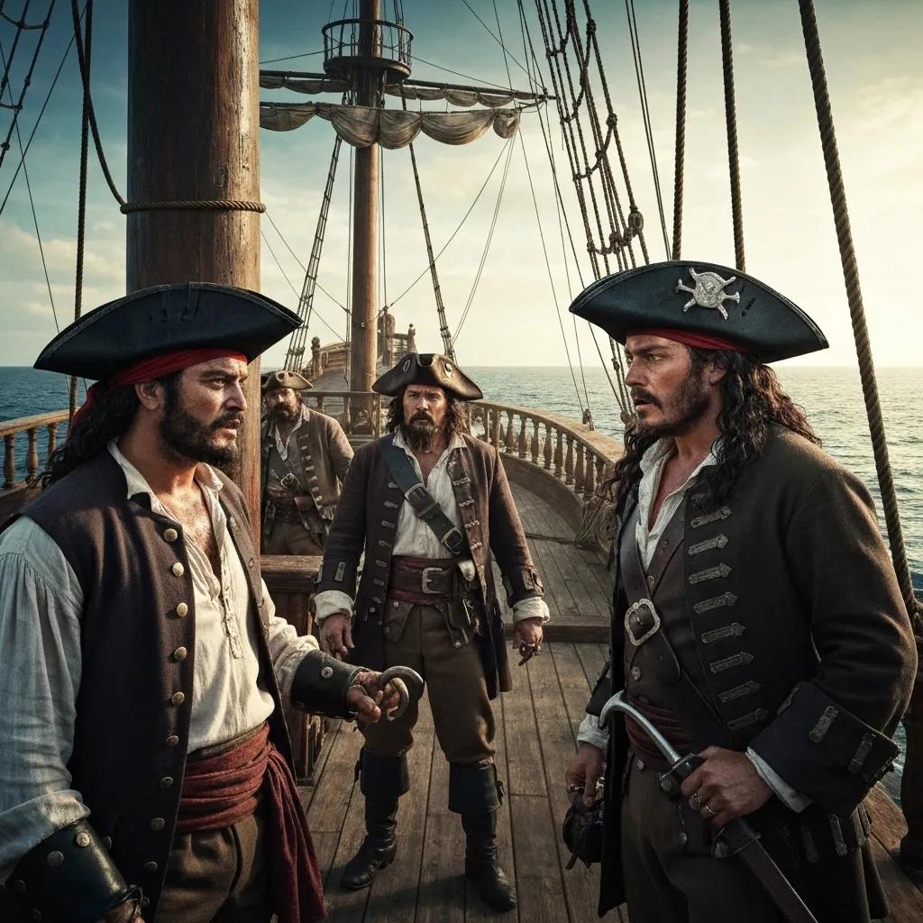 Famous pirates Blackbeard, Anne Bonny, and Bartholomew Roberts on a ship, illustrating their legendary stories and camaraderie