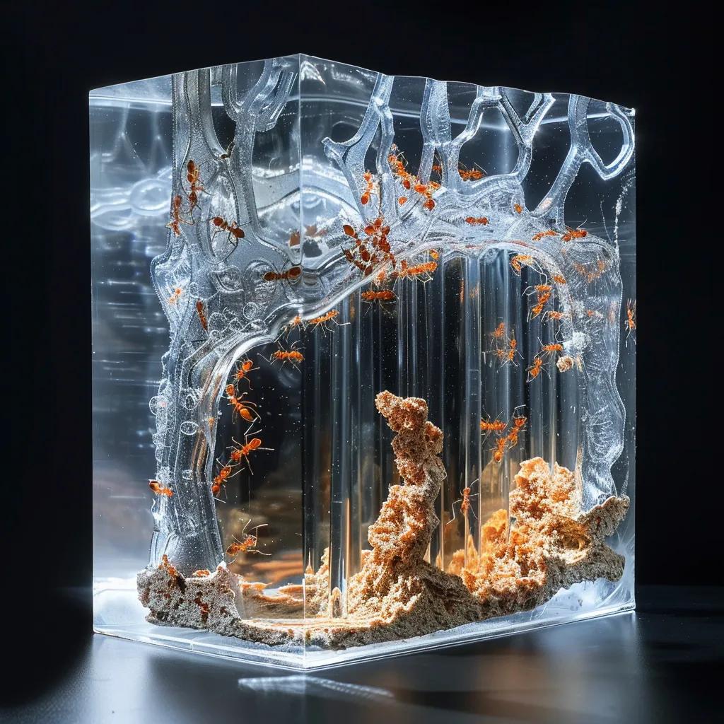Close-up of a gel ant farm showing ants tunneling, emphasizing educational benefits of visibility and observation