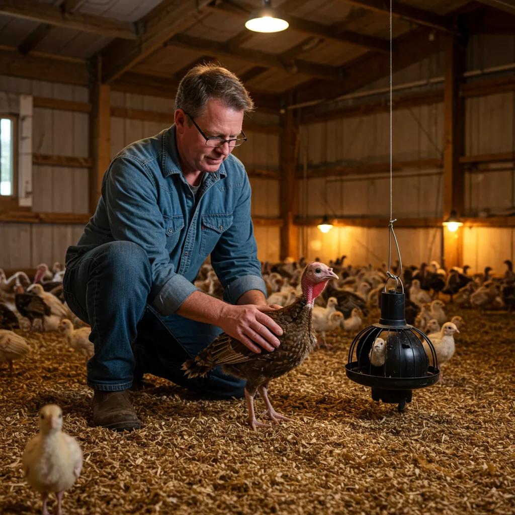 Standard Bronze Turkeys 1 Farmer handling a young Standard Bronze Turkey poult in a warm brooding environment