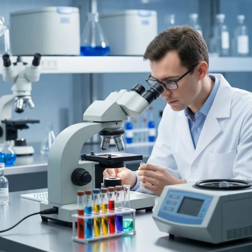 Laboratory scene with a scientist analyzing peptide samples, emphasizing retatrutide research