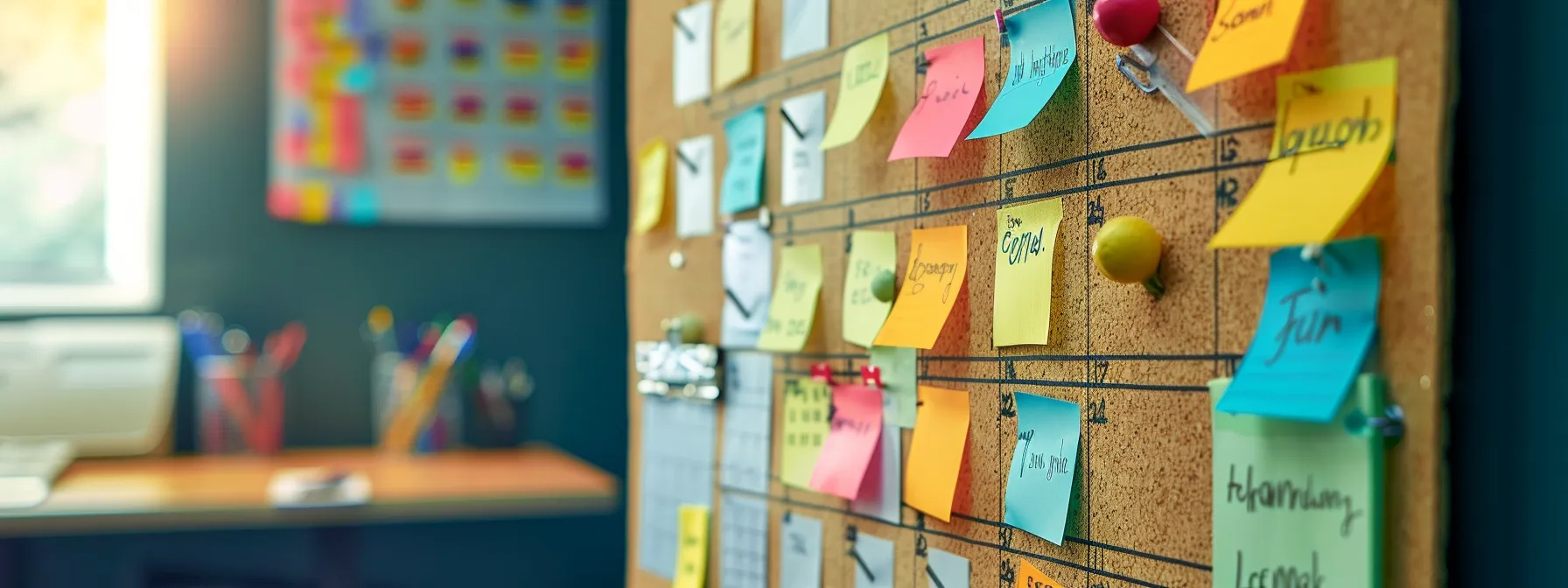 a colorful, artistic june 2025 calendar pinned to a cork board, surrounded by post-it notes and inspirational quotes for effective planning and scheduling.