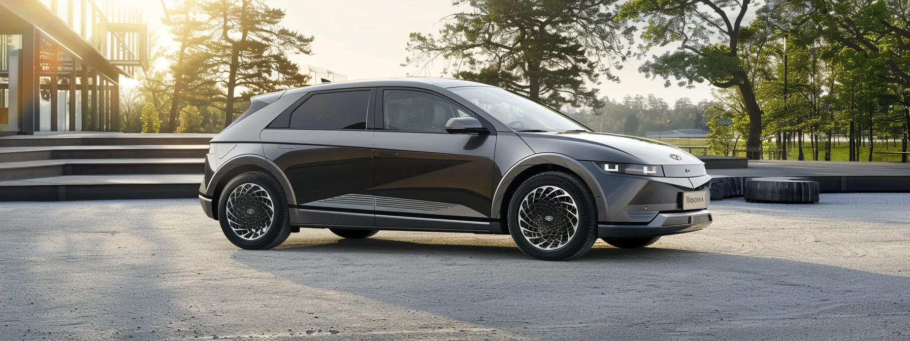 a sleek, modern hyundai ioniq hatchback parked in a spacious lot, under the bright sun, showcasing its aerodynamic design and eco-friendly features.