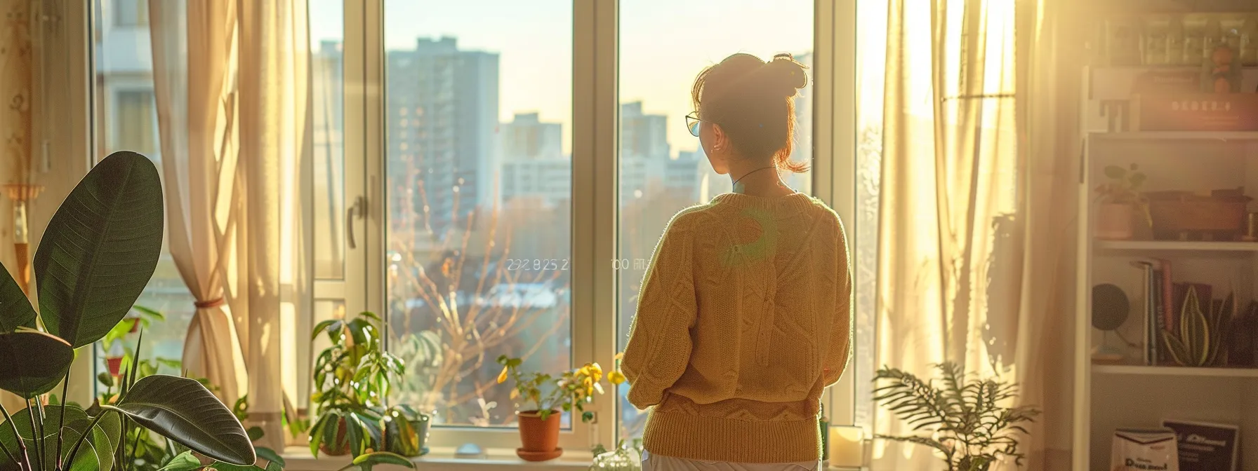 a woman standing in her furnished condo, looking out the window with a sense of reassurance and peace, knowing her belongings are protected by customizable renters insurance.