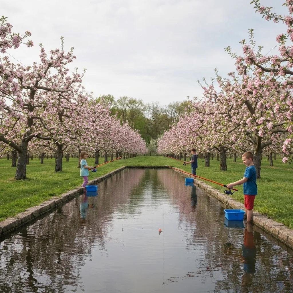 Catch-and-release pond at Mercier Orchards, featuring children fishing in a beautiful setting