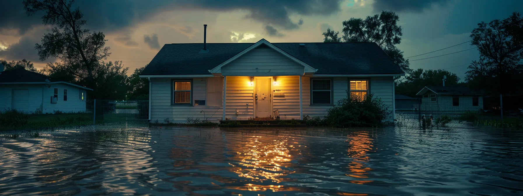 a house in a high-risk floodplain with floodwaters creeping up to the front door, illustrating the impact of zone ae designation on insurance premiums.