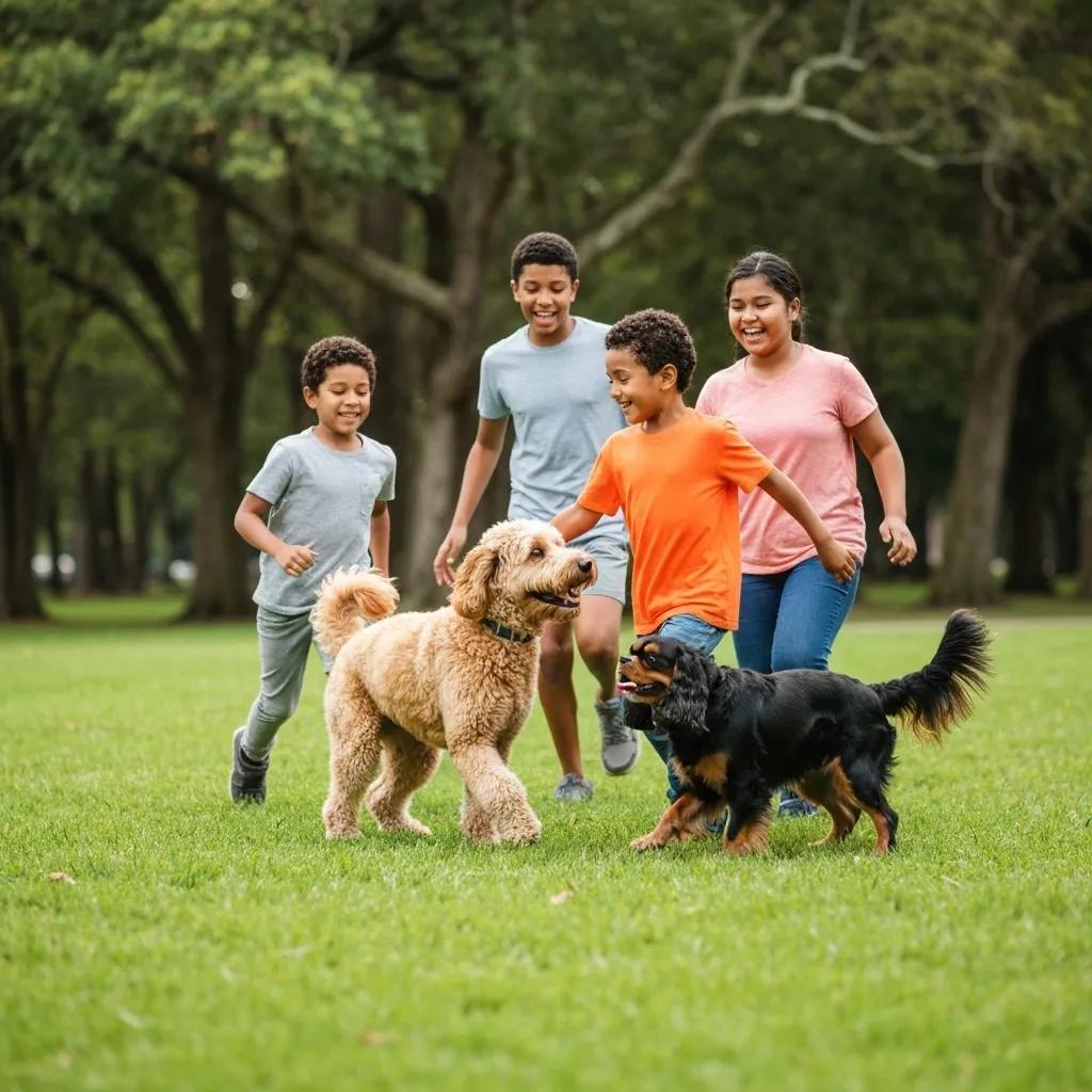 A family enjoying a fun day at the park with a Goldendoodle and a Cavalier King Charles Spaniel