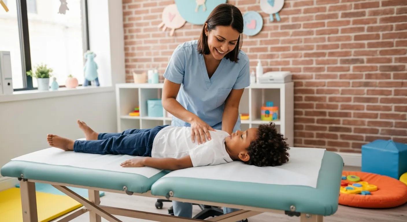 Pediatric chiropractor providing gentle care to a child in a welcoming clinic