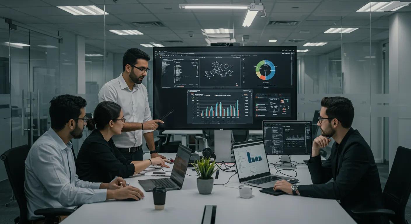 a sleek, modern office setting in dubai showcases a diverse team of professionals collaborating around a digital display, analyzing cybersecurity data and plugin performance metrics to emphasize the importance of quality and security in wordpress plugin development.