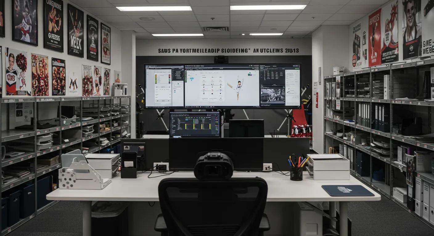 an organized, modern cheerleading facility office with a prominent digital dashboard displaying key performance indicators, surrounded by motivational posters and energetic decor that embodies the spirit of teamwork and success.
