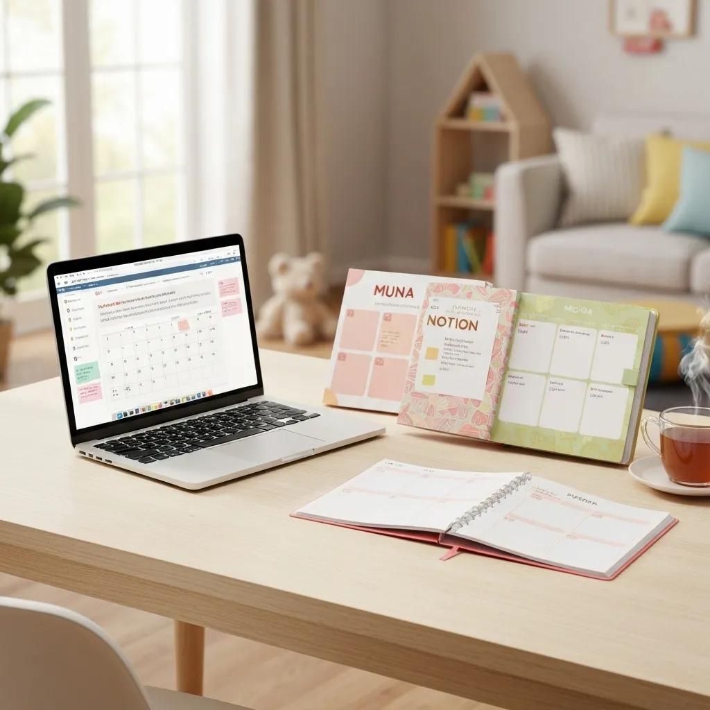 A curated selection of the best digital planners displayed attractively on a desk, alongside a laptop and a cup of tea.