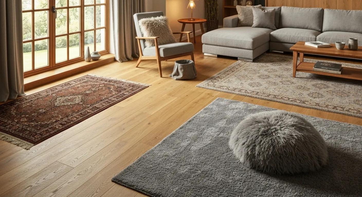 Cosy living room showcasing a variety of flooring types, highlighting warmth and comfort
