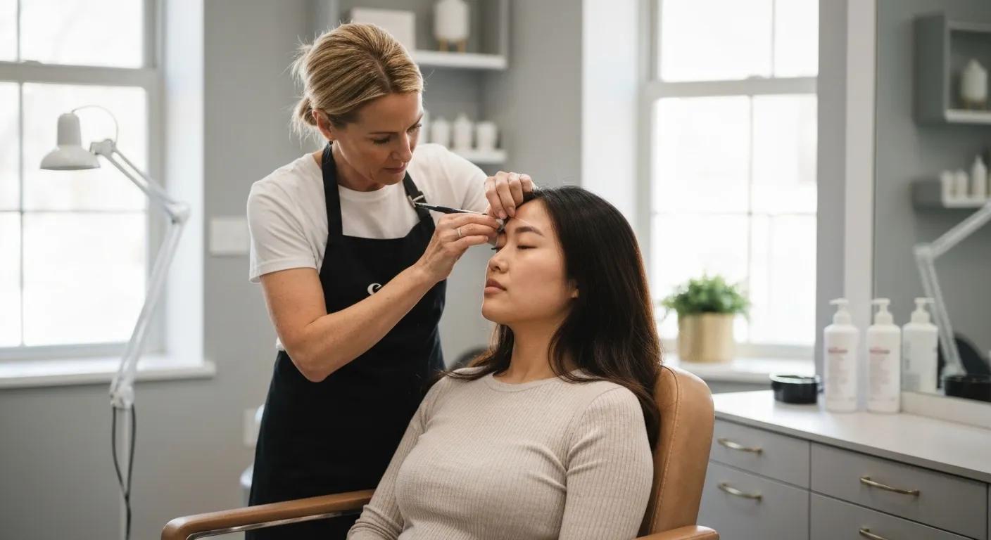 Professional eyebrow threading session in a modern salon with a skilled technician and client