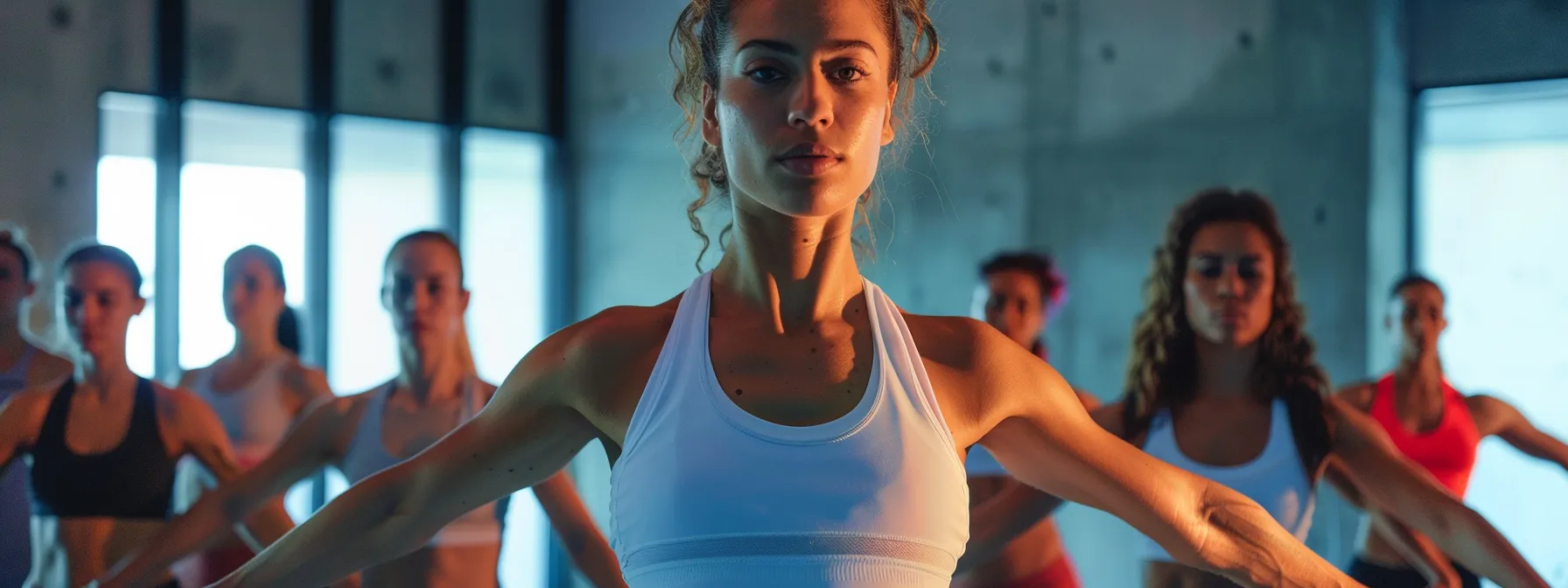 a group of individuals gracefully following the instructor's moves in a ballet-inspired workout class.