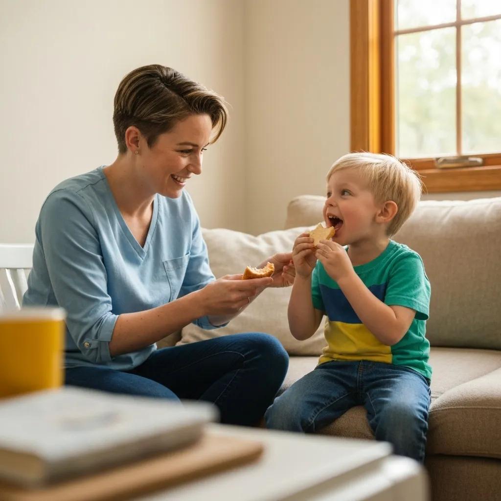 A therapist and child engaging in Natural Environment Teaching during snack time, demonstrating effective ABA techniques