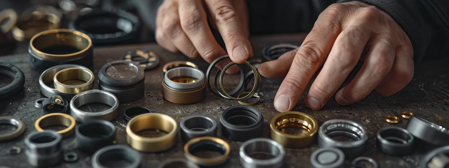 a man's hand holding a ring sizer tool, with various wedding bands in different materials spread out on a table.