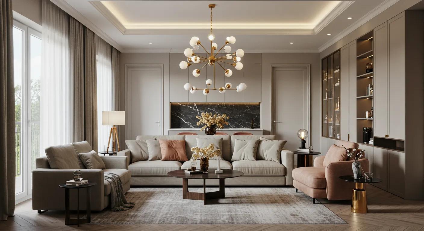 a stylish open-concept living area showcases luxury custom furniture with a calming color palette and handcrafted details beneath soaring ceilings, exuding a cozy elegance and designer touch.