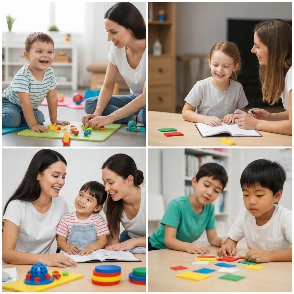 Illustration showing different ABA therapy settings: home, clinic, and community environments