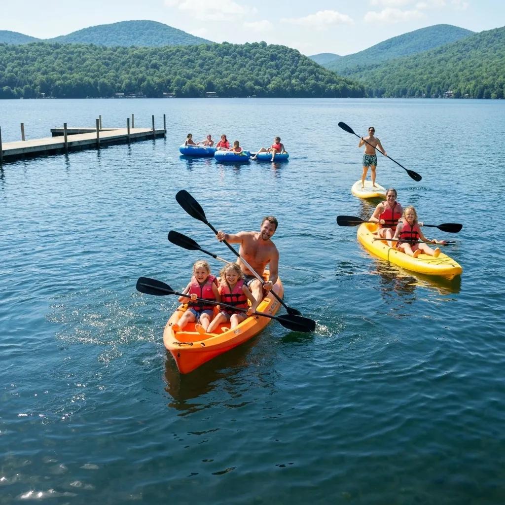 Families enjoying water sports on Blue Ridge Lake with kayaking and paddleboarding