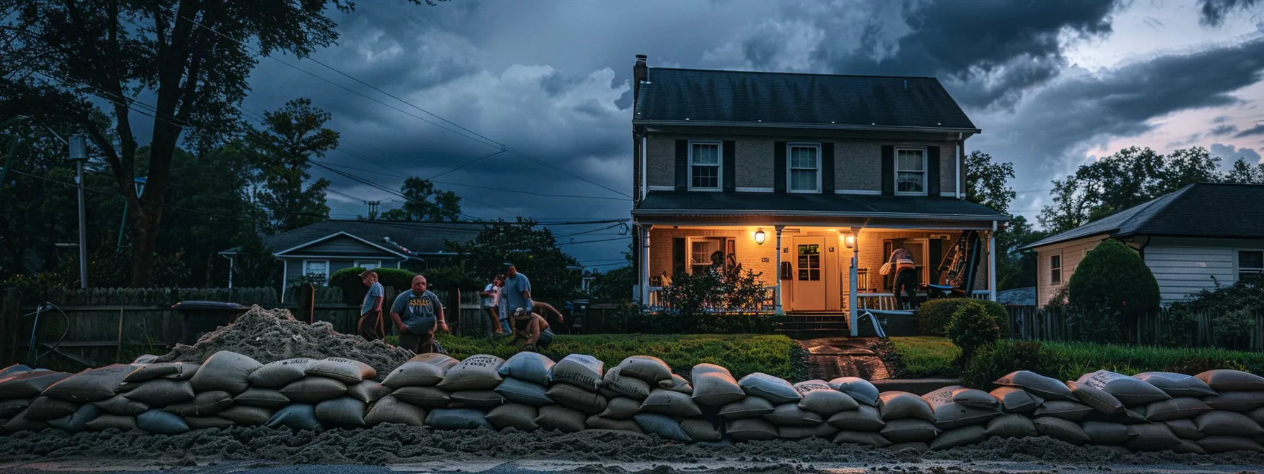 a family stacking sandbags in front of their atlanta home as dark storm clouds loom overhead.