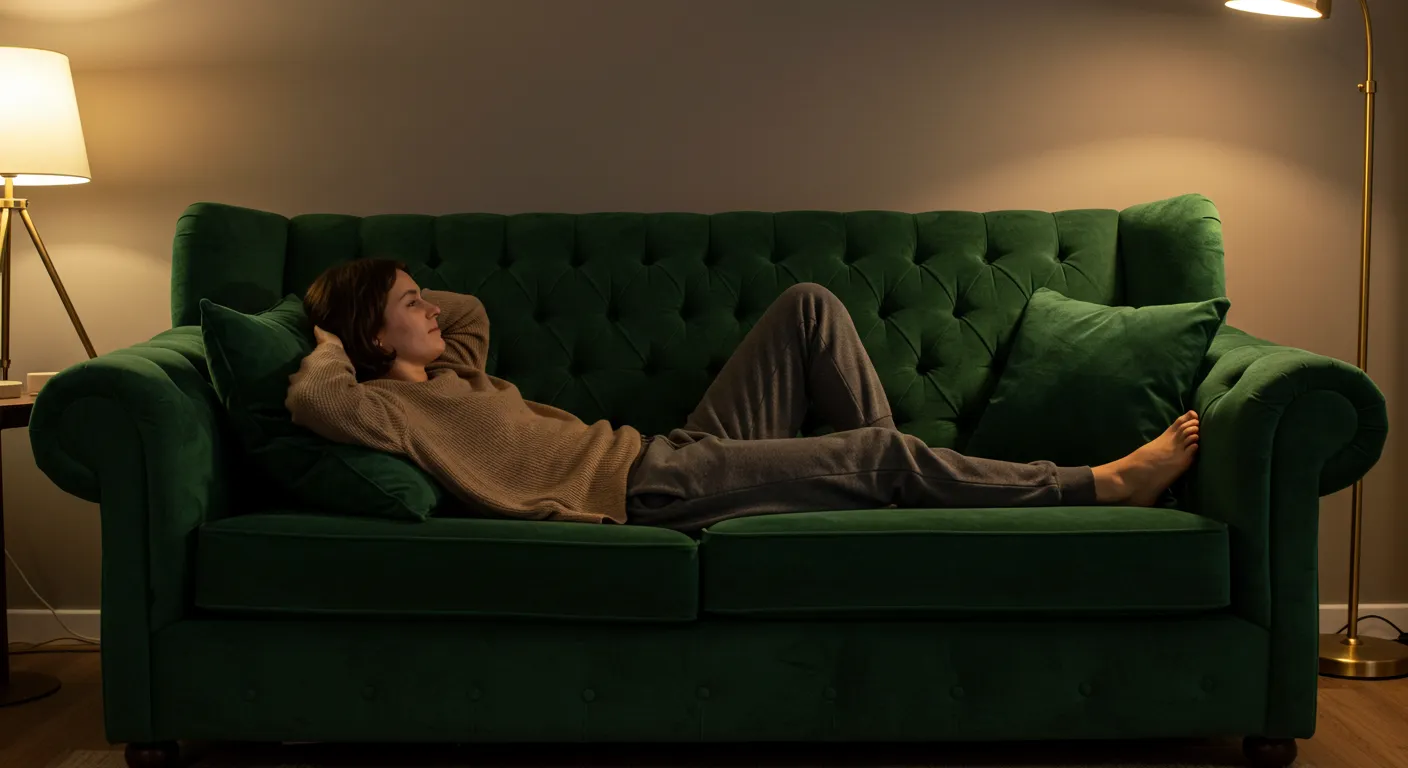 Person lounging comfortably on a high-back, deep-seated plush sofa.