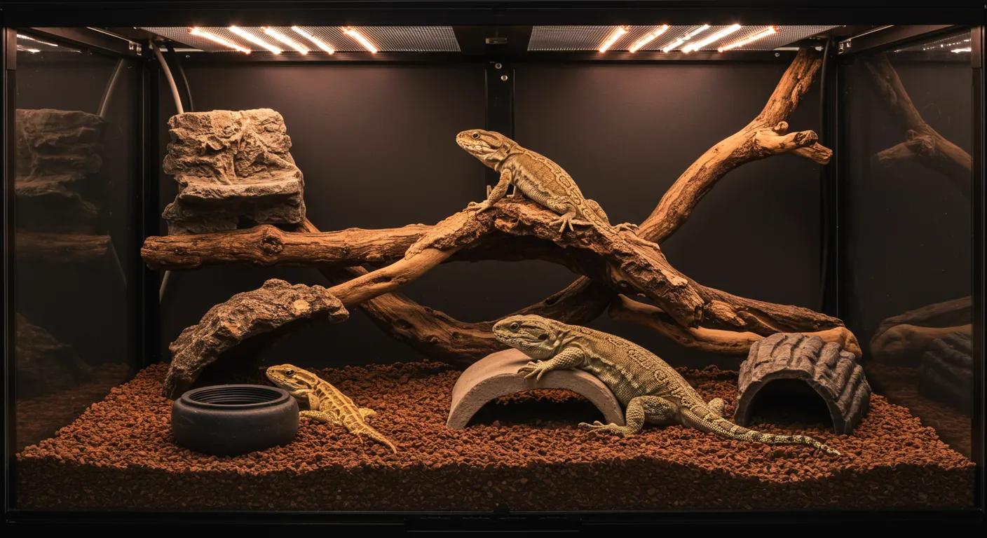 a meticulously arranged reptile enclosure showcases vital accessories like textured substrates, efficient heating elements, and engaging enrichment items, all illuminated by focused artificial lighting that highlights their importance for enhancing reptile health and habitat. a meticulously arranged reptile enclosure showcases vital accessories like textured substrates, efficient heating elements, and engaging enrichment items, all illuminated by focused artificial lighting that highlights their importance for enhancing reptile health and habitat.