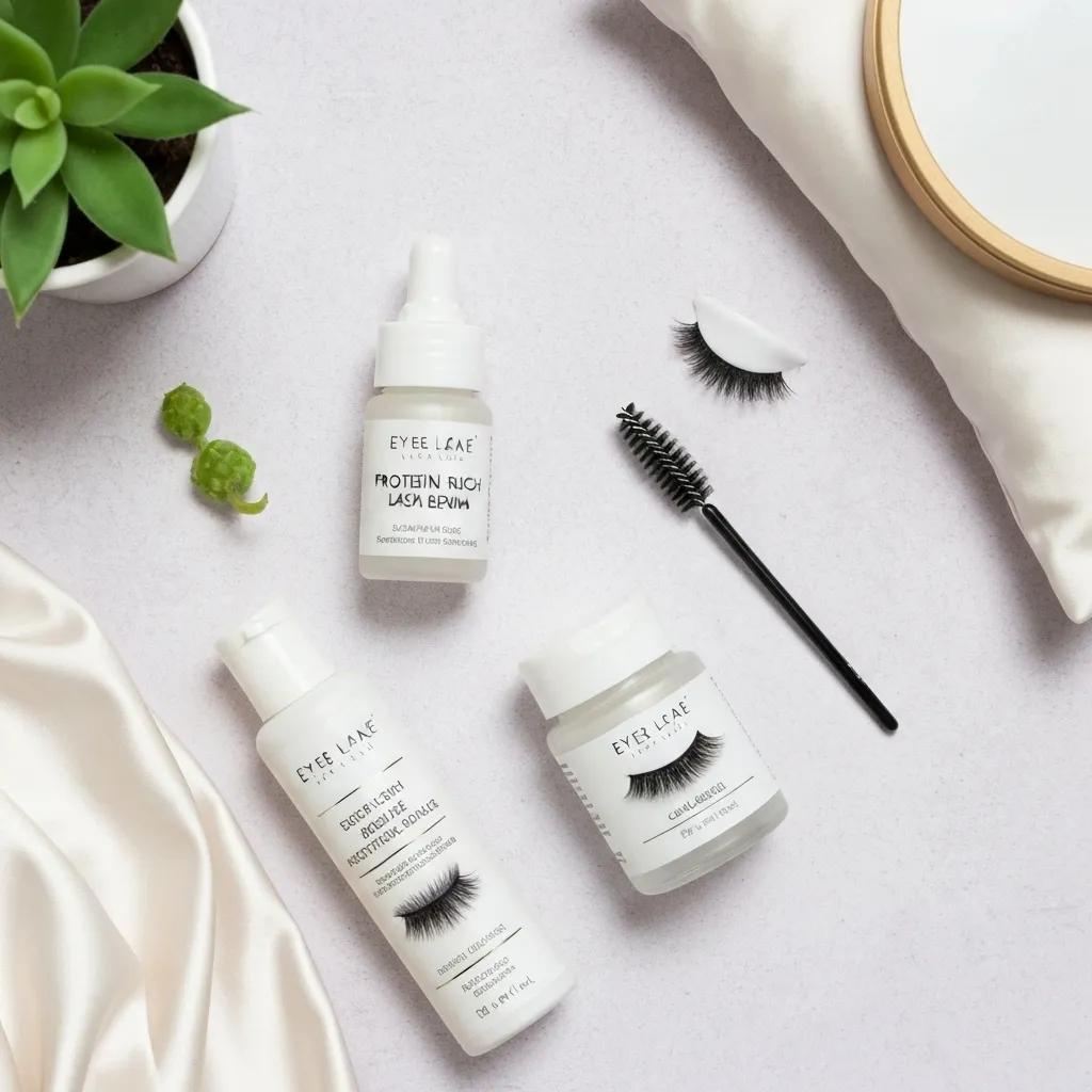 Flat lay of eyelash care products for aftercare, including serum and gentle cleanser