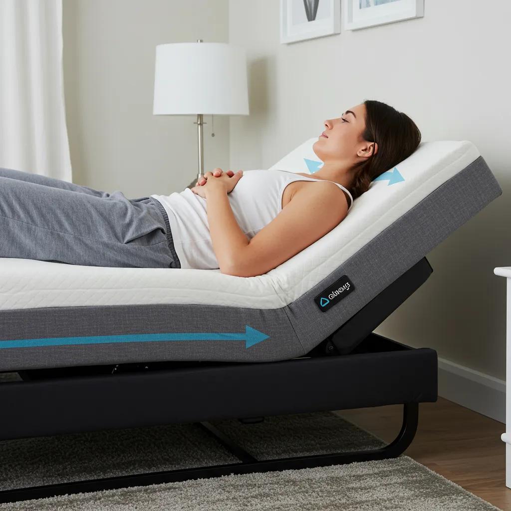 Person resting in zero gravity position on an adjustable bed, illustrating comfort and support