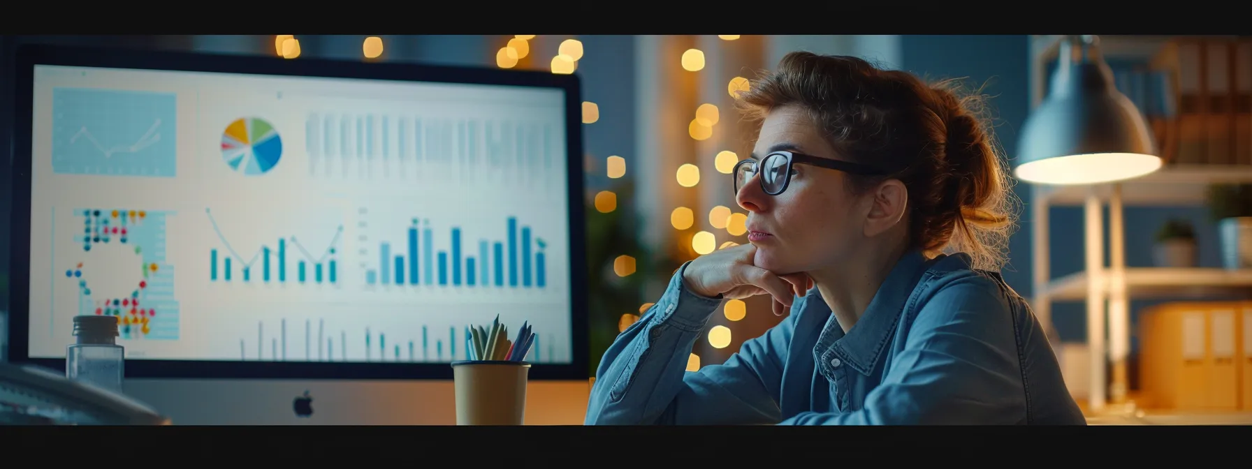 a small business owner reviewing metrics on a computer screen, surrounded by graphs and charts related to local seo strategies.