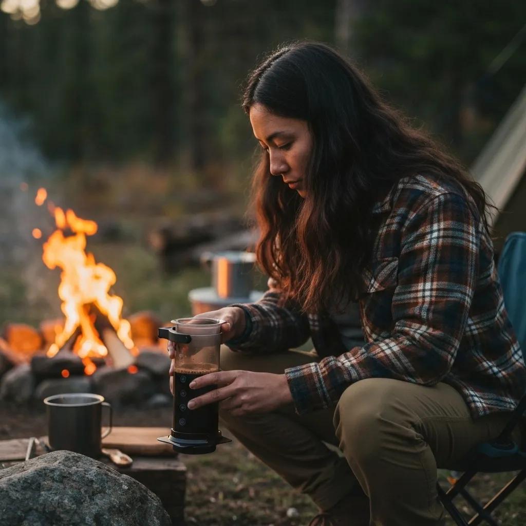 Person brewing specialty coffee outdoors at dawn with AeroPress, surrounded by nature