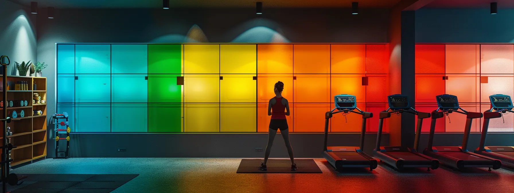 a person in workout gear standing in front of a colorful array of exercise equipment, planning their fitness routine.