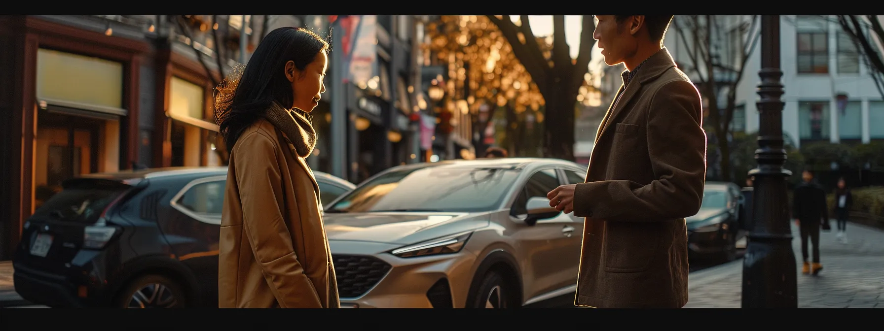 a person confidently negotiating with a seller in front of a sleek, well-maintained used hatchback car.