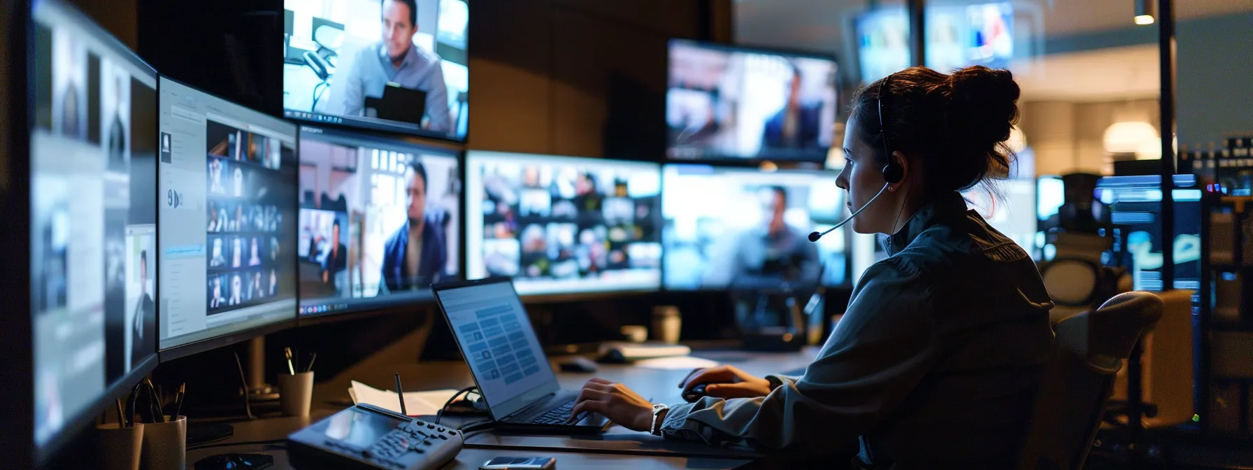 a person sitting at a desk with multiple computer screens, managing emails and video conferencing with their team.