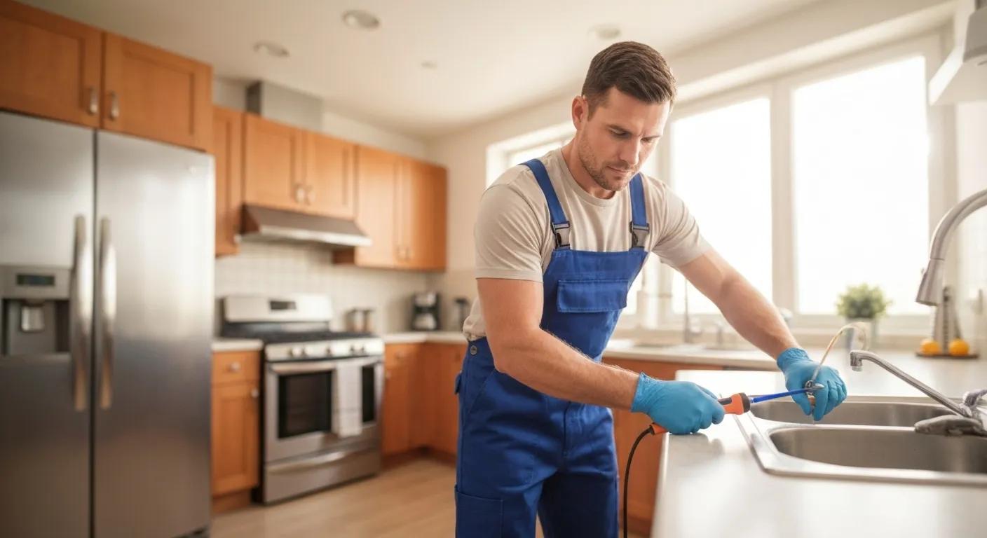 Plumber working on a sink pipe, representing general plumbing services like leak detection and drain unblocking.