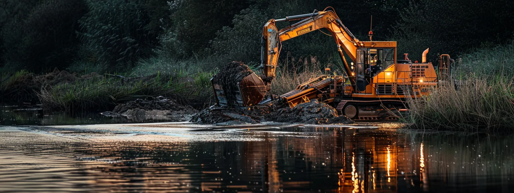 a dredging machine working on a river to increase water depth for improved navigation.