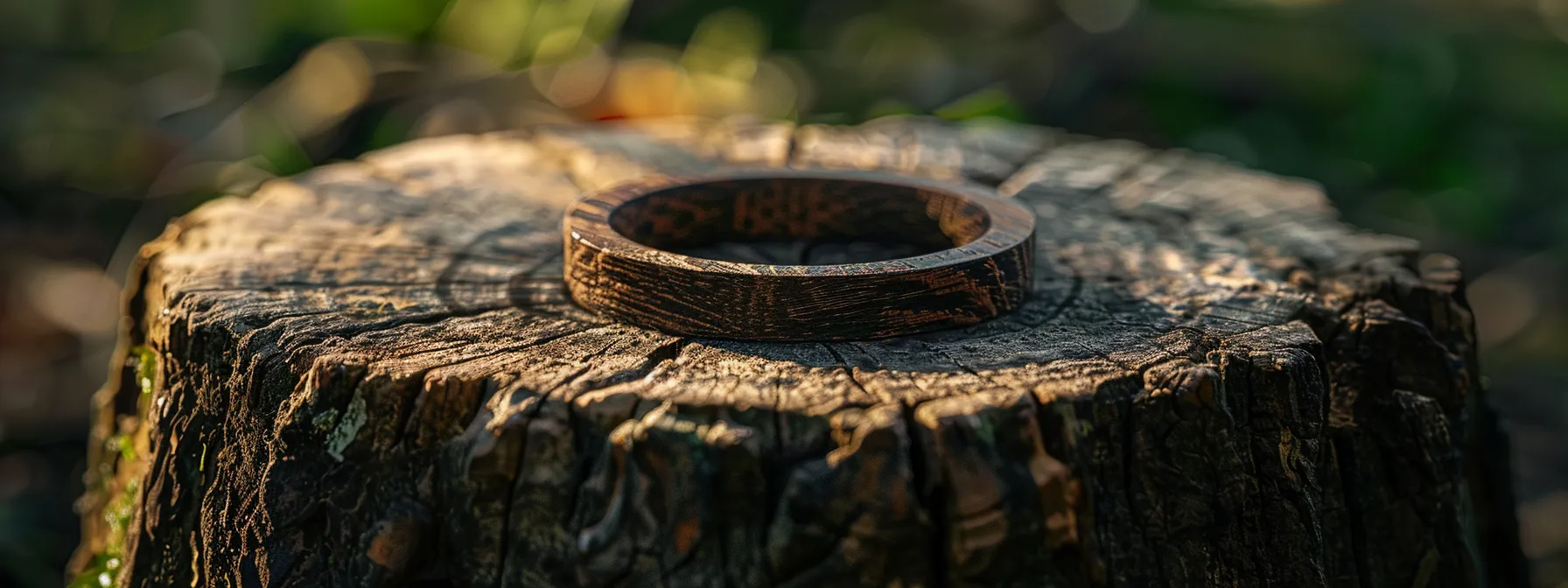 rustic wooden rings sitting on a tree stump.