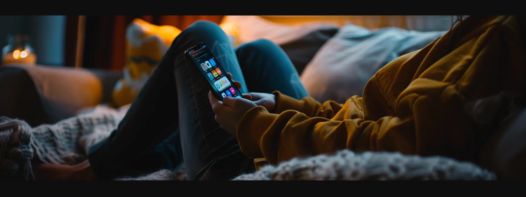 using a smartphone with various mindfulness and mental health apps open on the screen while sitting comfortably on a couch.