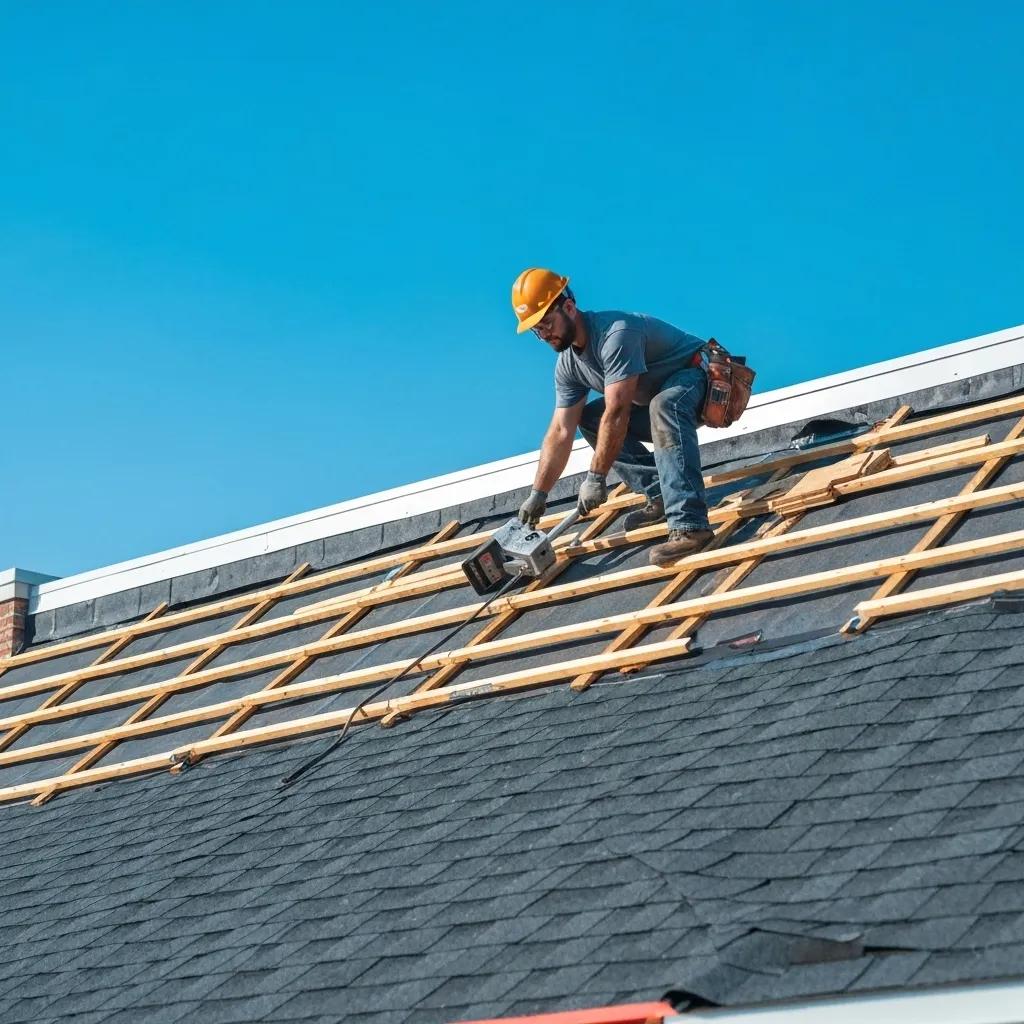 Commercial roofing contractor in Missouri installing a roof under clear skies Commercial roofing contractor in Missouri installing a roof under clear skies