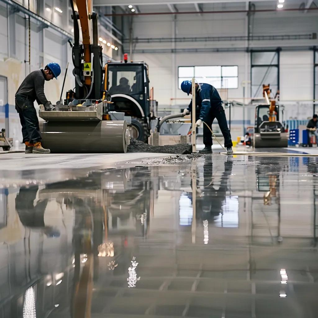 Workers installing a polished concrete floor in a commercial factory