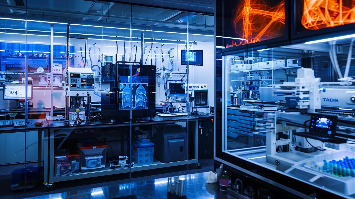 a high-tech medical laboratory features a 3d printer in action, producing intricate, patient-specific implants and anatomical models, surrounded by advanced medical equipment and vibrant screens displaying digital scans.