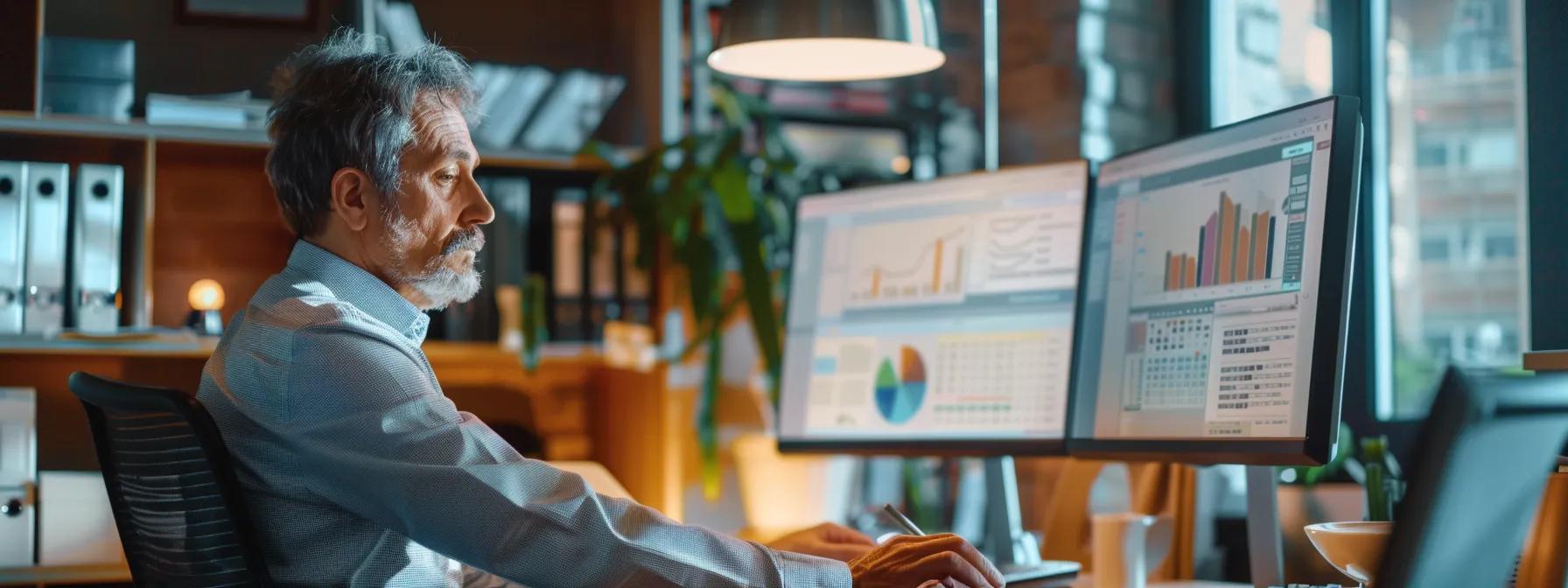 a sleek, modern office environment features a focused business professional analyzing a large monitor displaying glowing reviews and testimonials of various bookkeeping services, emphasizing the critical evaluation of client feedback.