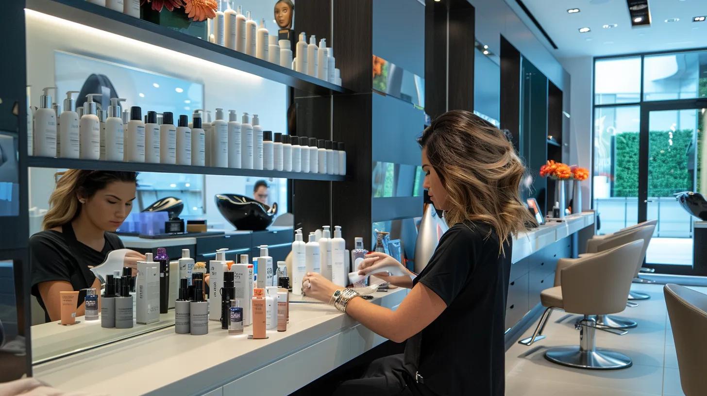 a sleek, modern salon interior features a stylist expertly applying weft hair extensions on a client, surrounded by elegant hair care products and a full-length mirror that reflects the vibrant colors and textures of the extensions. a sleek, modern salon interior features a stylist expertly applying weft hair extensions on a client, surrounded by elegant hair care products and a full-length mirror that reflects the vibrant colors and textures of the extensions.